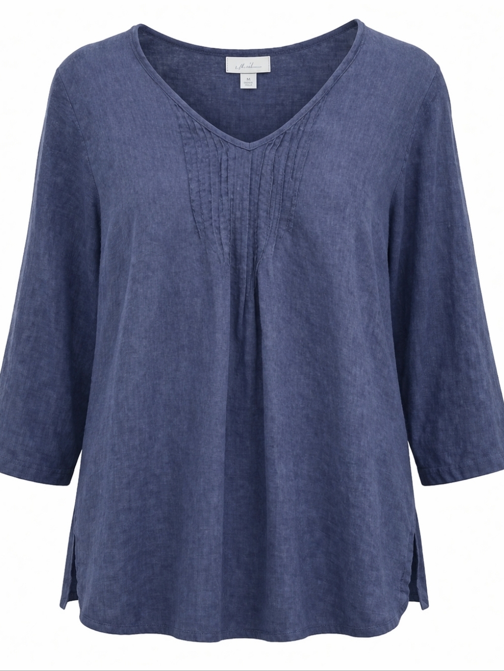 J JILL Love 100% Linen Blue Pintuck 3/4 Sleeve V-neck Side Slits Shirt XS